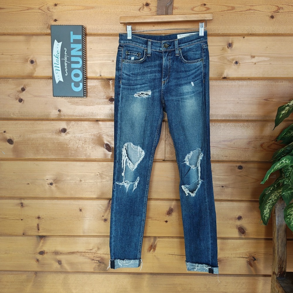 Rag & Bone 10" Dre Mid Boyfriend Raw Hem Destroyed Jean in Bainbridge Sz 24(27")